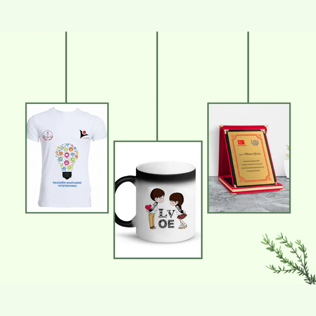 Baskılı tişört, sihirli kupa ve kadife plaket
